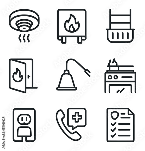 Home Fire Safety Icons. Outline icon set of fire prevention at home: smoke detector, fire blanket, escape ladder, fire door,