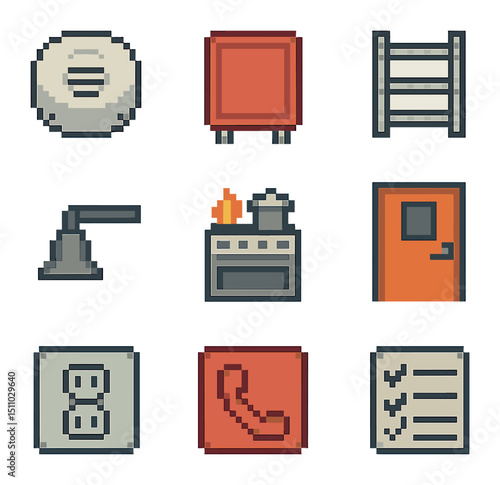 Home Fire Safety Icons. Pixel art icon set of fire prevention at home: smoke detector, fire blanket, escape ladder, fire door,