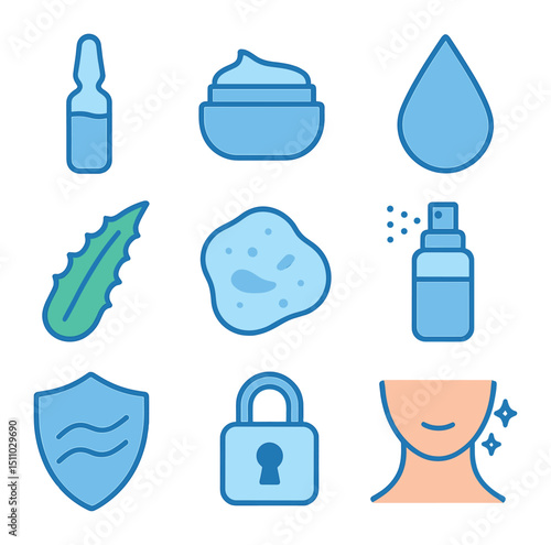 Hydration Icon Set. Flat icon set of moisturizing and hydration: hyaluronic acid vial, cream jar, water droplet, aloe leaf, gel