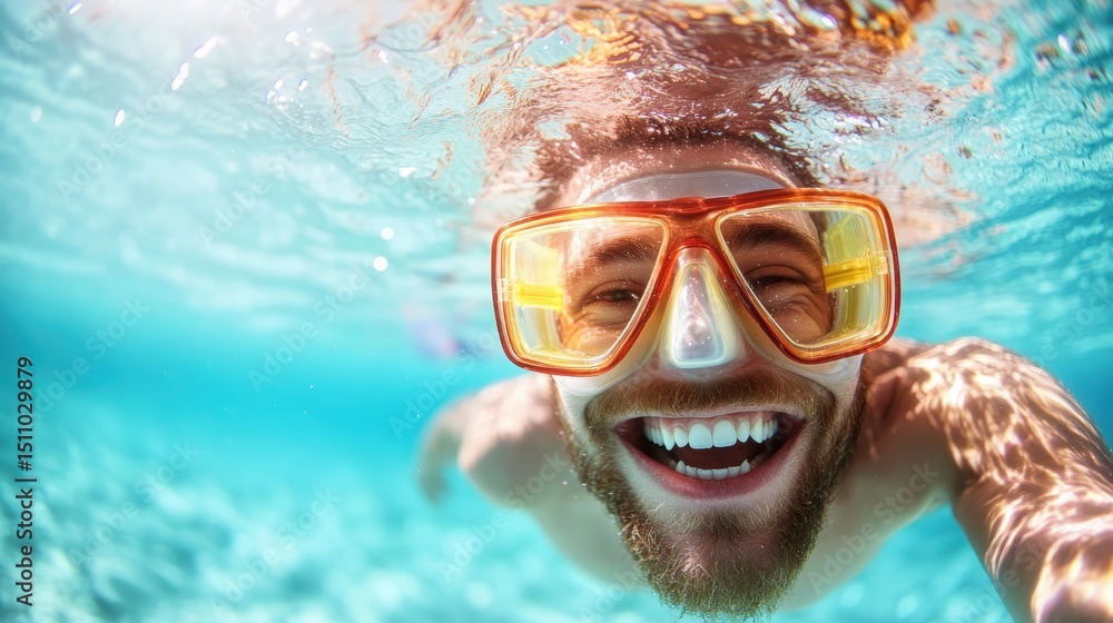 Naklejka premium A joyful young man wearing snorkeling gear grinning underwater, capturing the essence of fun, adventure, and exploration in aquatic environments, filled with sunlight.