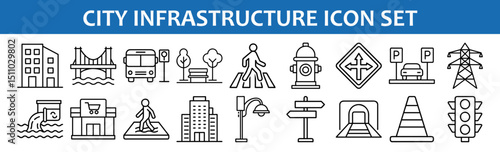 City infrastructure icons vector set urban landscape elements building bridge traffic light symbols