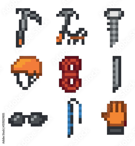 Ice Climbing Gear. Pixel art icon set of ice climbing tools: ice axe, crampons, ice screw, helmet, rope, snow picket, glacier