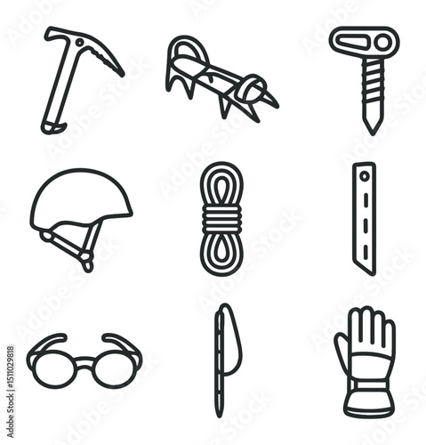Ice Climbing Gear Icons. Outline icon set of ice climbing tools: ice axe, crampons, ice screw, helmet, rope, snow picket, glacier
