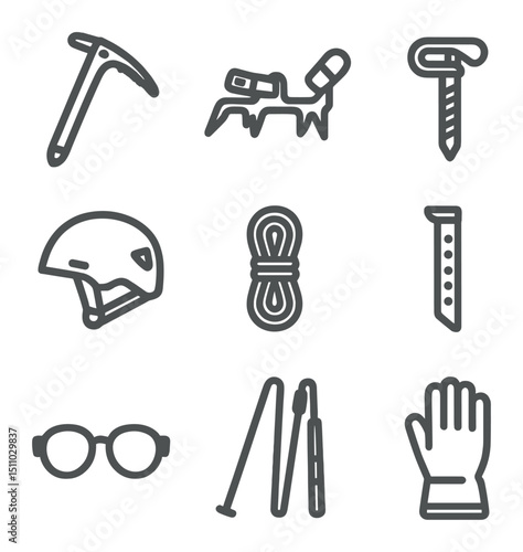 Ice Climbing Gear Icons. Outline icon set of ice climbing tools: ice axe, crampons, ice screw, helmet, rope, snow picket, glacier