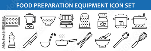 Food preparation equipment icons set vector illustration kitchen tools cooking utensils appliances