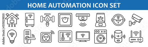 Home automation system icons smart house technology iot devices appliances vector line drawing style