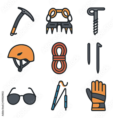 Ice Climbing Tools. Flat icon set of ice climbing tools: ice axe, crampons, ice screw, helmet, rope, snow picket, glacier glasses,