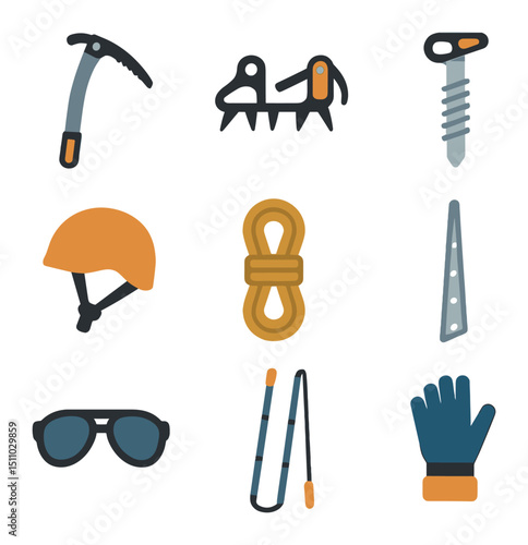 Ice Climbing Tools. Flat icon set of ice climbing tools: ice axe, crampons, ice screw, helmet, rope, snow picket, glacier glasses,