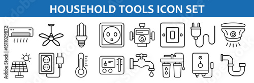 Household tools icon set vector illustration featuring air conditioner and light bulb icon design