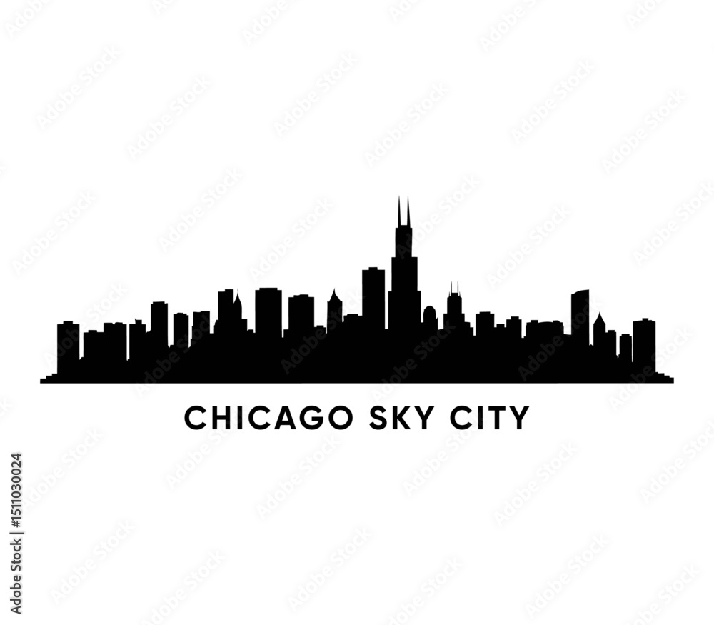 Fototapeta premium Chicago skyline silhouette in monochrome with clean horizon line and famous landmarks, editable vector with white background