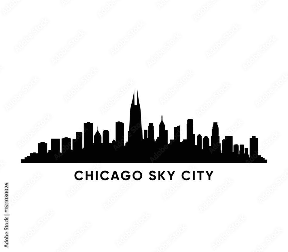 Fototapeta premium chicago skyline silhouette with tall central building and text, vector cityscape illustration with monochrome black and white minimalist style on white background