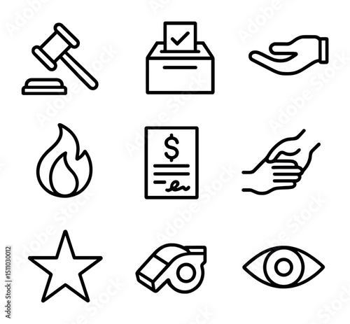 Leadership Styles Icons. Outline icon set of leadership styles: autocratic gavel, democratic ballot, laissez‐faire hand,