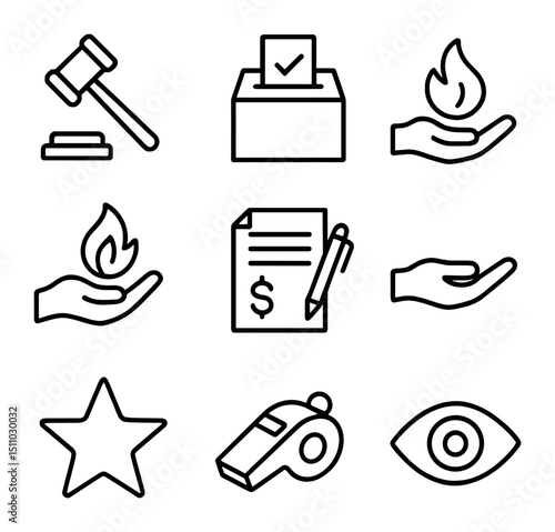 Leadership Styles Icons. Outline icon set of leadership styles: autocratic gavel, democratic ballot, laissez‐faire hand,