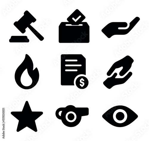 Leadership Icons Grid. Solid, Filled icon set of leadership styles: autocratic gavel, democratic ballot, laissez‐faire hand,