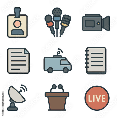 Local Press Icons. Flat icon set of local media and press outreach: press pass, microphone cluster, camera video, press release