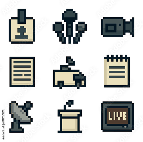 Media Icons Grid. Pixel art icon set of local media and press outreach: press pass, microphone cluster, camera video, press