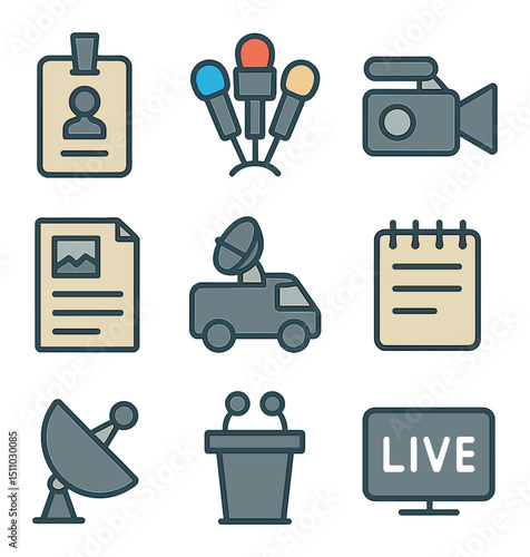 Local Press Icons. Flat icon set of local media and press outreach: press pass, microphone cluster, camera video, press release