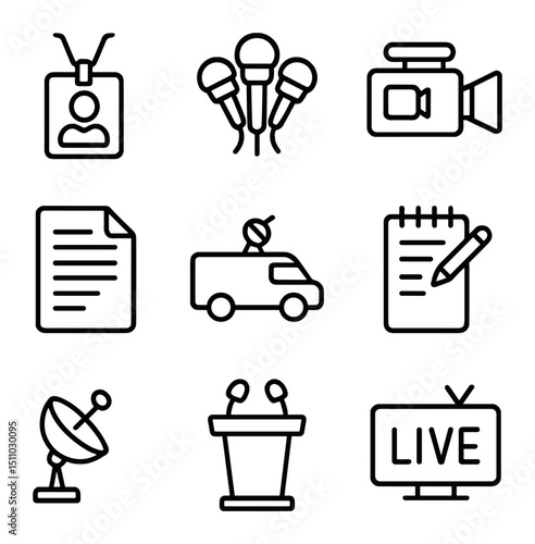 Media Icon Grid. Outline icon set of local media and press outreach: press pass, microphone cluster, camera video, press release
