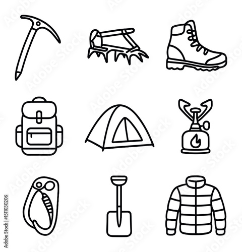 Mountaineering Equipment Icons. Outline icon set of mountaineering equipment: ice axe, crampons, mountaineering boots, backpack,