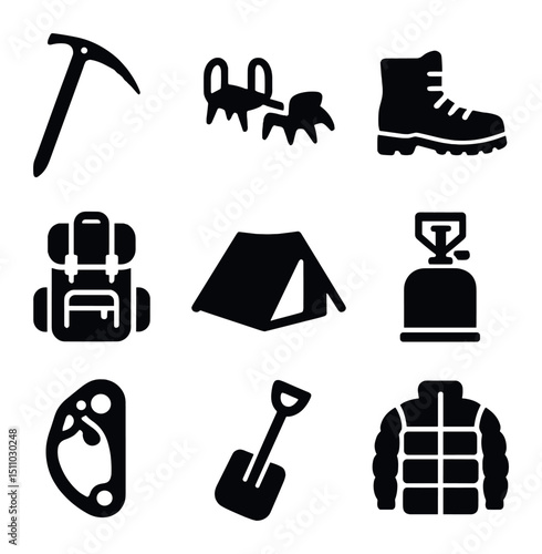 Mountaineering Gear Icons. Solid, Filled icon set of mountaineering equipment: ice axe, crampons, mountaineering boots, backpack,