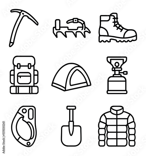 Mountaineering Equipment Icons. Outline icon set of mountaineering equipment: ice axe, crampons, mountaineering boots, backpack,