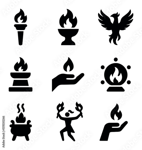 Mythical Fire Icons. Solid, Filled icon set of fire in mythology and rituals: torch, sacrificial flame, phoenix silhouette, fire