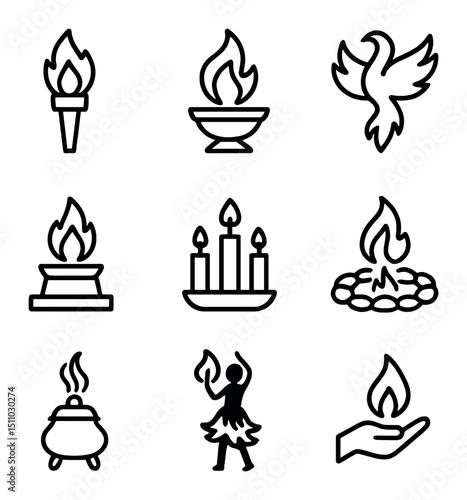Mythical Fire Icons. Outline icon set of fire in mythology and rituals: torch, sacrificial flame, phoenix silhouette, fire altar,
