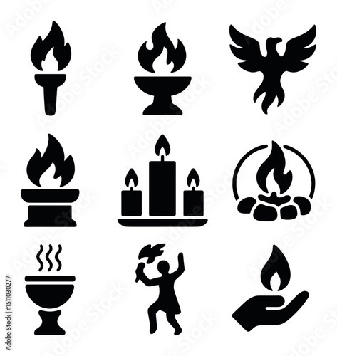 Mythical Fire Icons. Solid, Filled icon set of fire in mythology and rituals: torch, sacrificial flame, phoenix silhouette, fire