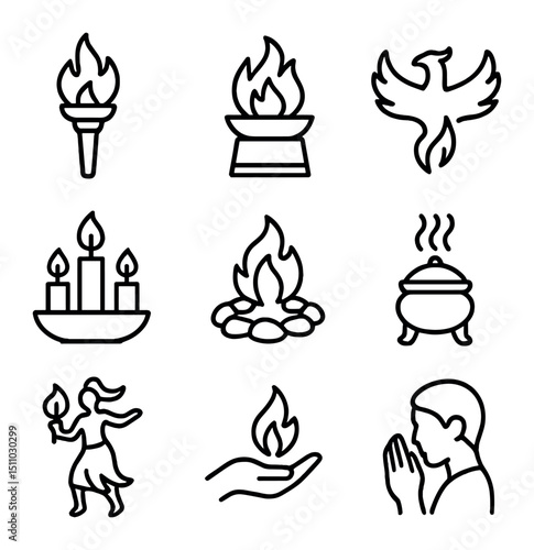 Mythical Fire Icons. Outline icon set of fire in mythology and rituals: torch, sacrificial flame, phoenix silhouette, fire altar,