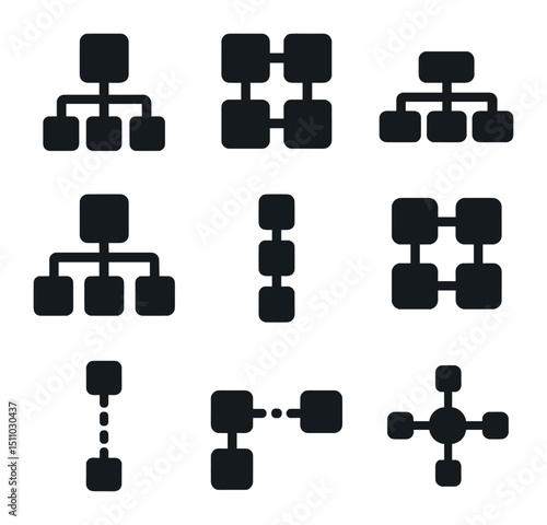 Organizational Structure Icons. Solid, Filled icon set of organizational structure types: hierarchy chart, matrix grid, flat