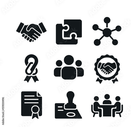 Partnership Icons Grid. Flat icon set of coalition and partnership building: handshake hands, puzzle pieces, network nodes,