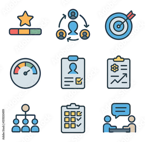 Performance Metrics Icons. Flat icon set of performance evaluation metrics: performance rating, 360° feedback, goal completion,