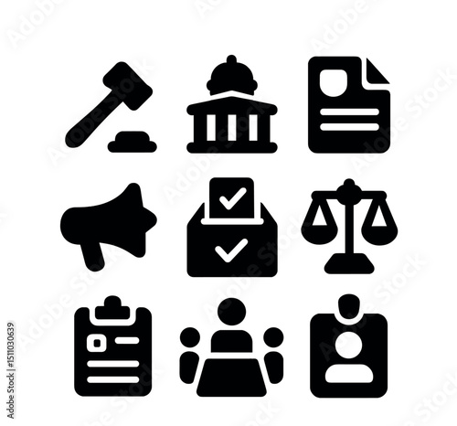 Policy Advocacy Icons. Solid, Filled icon set of policy advocacy and lobbying: gavel icon, legislative building, policy document,
