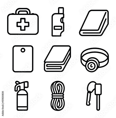 Safety Equipment Icons. Outline icon set of group safety equipment: first aid kit, emergency whistle, satellite phone, signal