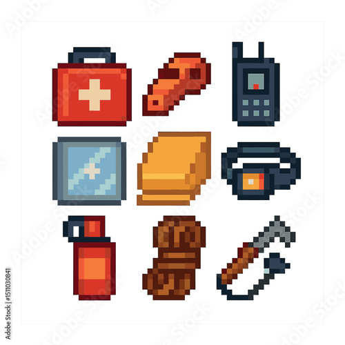 Safety Equipment Icons. Pixel art icon set of group safety equipment: first aid kit, emergency whistle, satellite phone, signal