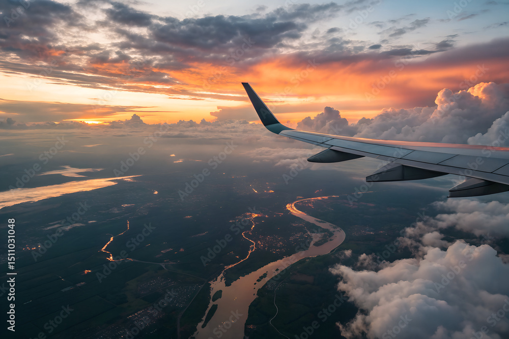 Fototapeta premium Airplane Wing View at Sunset Over Clouds