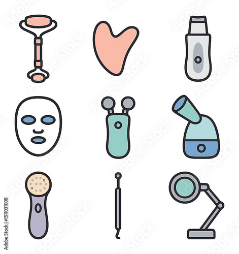 Skincare Tools Icons. Flat icon set of tools and devices: facial roller, gua sha stone, ultrasonic spatula, LED mask, microcurrent