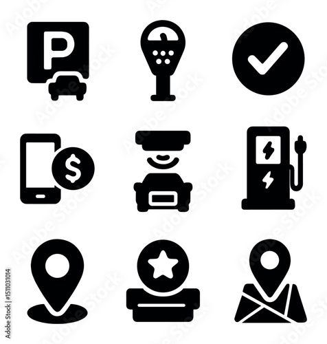 Smart Parking Icons. Solid, Filled icon set of smart parking solutions: parking spot, e-parking meter, availability indicator,