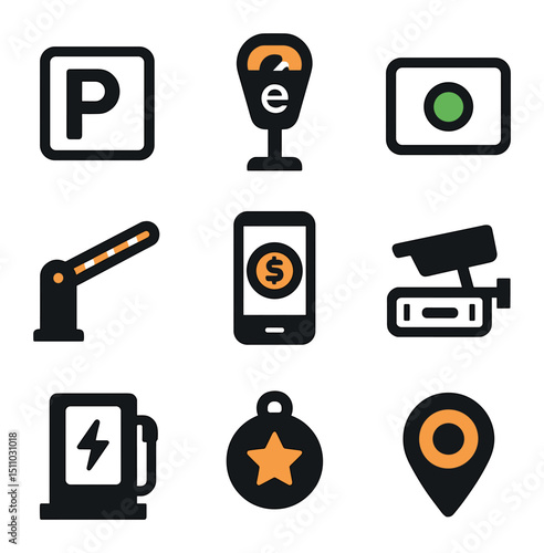 Smart Parking Icons. Flat icon set of smart parking solutions: parking spot, e-parking meter, availability indicator, barrier gate