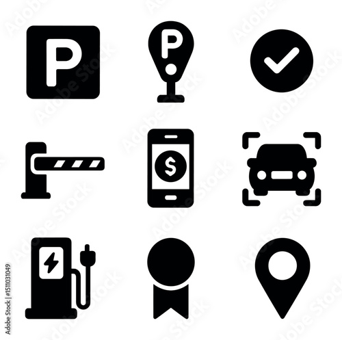 Smart Parking Icons. Solid, Filled icon set of smart parking solutions: parking spot, e-parking meter, availability indicator,