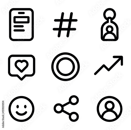 Social Media Icons. Outline icon set of social media engagement: smartphone feed, hashtag tag, follower count, direct message