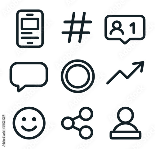 Social Media Icons. Flat icon set of social media engagement: smartphone feed, hashtag tag, follower count, direct message bubble,