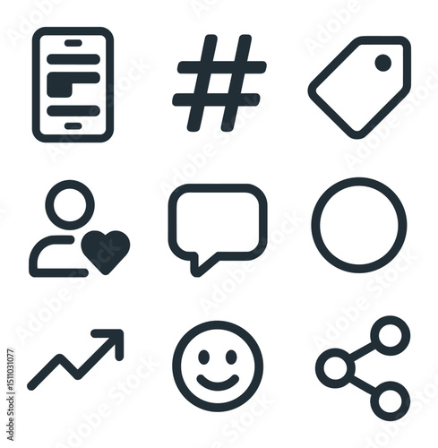 Social Media Icons. Flat icon set of social media engagement: smartphone feed, hashtag tag, follower count, direct message bubble,