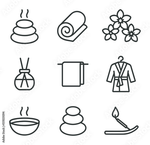 Spa Icon Collection. Outline icon set of spa and pampering: stone massage, towel roll, flower petals, aromatherapy diffuser, hot