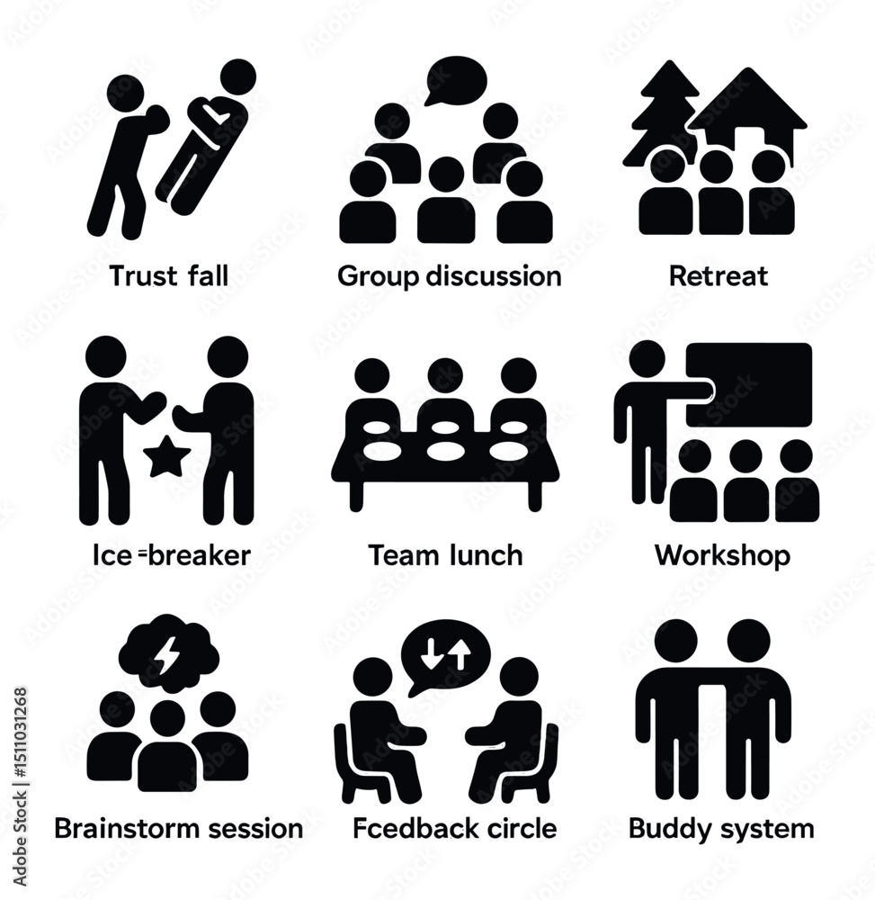 Team Building Icons. Solid, Filled icon set of team building concepts: trust fall, group discussion, retreat, icebreaker game, Team Building Icons. Solid, Filled icon set of team building concepts: trust fall, group discussion, retreat, icebreaker game,