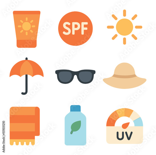 Sun Protection Essentials. Flat icon set of sun protection essentials: sunscreen tube, SPF label, sun icon, umbrella, sunglasses,