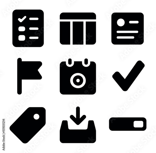 Task Management Icons. Solid, Filled icon set of task management tools: to-do list, kanban board, task card, priority flag, due