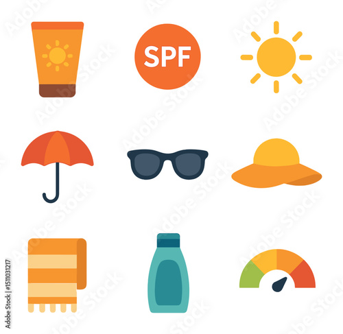 Sun Protection Essentials. Flat icon set of sun protection essentials: sunscreen tube, SPF label, sun icon, umbrella, sunglasses,