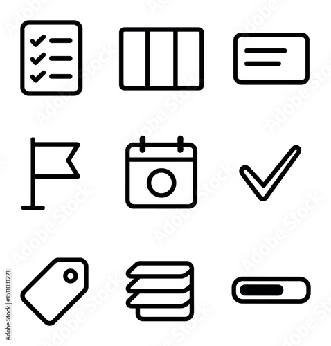 Task Management Icons. Outline icon set of task management tools: to-do list, kanban board, task card, priority flag, due date