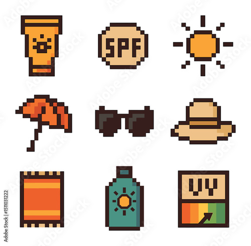 Sun Protection Essentials Icons. Pixel art icon set of sun protection essentials: sunscreen tube, SPF label, sun icon, umbrella,